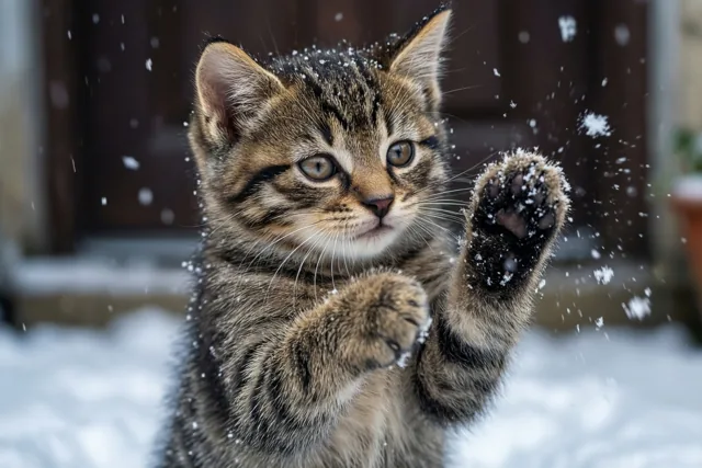 Een tijgerkatje staat op zijn achterpoten in de sneeuw en slaat met zijn pootjes naar vallende sneeuwvlokken, met een donkere houten deur op de achtergrond.