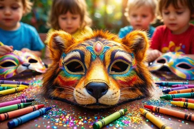 Een kleurrijk tijgermasker ligt op een tafel met glitters en waskrijtjes, met wazig afgebeelde kinderen eromheen en warm zonlicht door groen op de achtergrond.