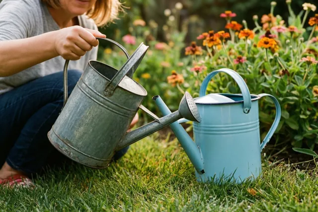 Iemand houdt een verweerde tinnen gieter vast naast een lichtblauwe geëmailleerde gieter op groen gras, met kleurrijke bloemen op de achtergrond.