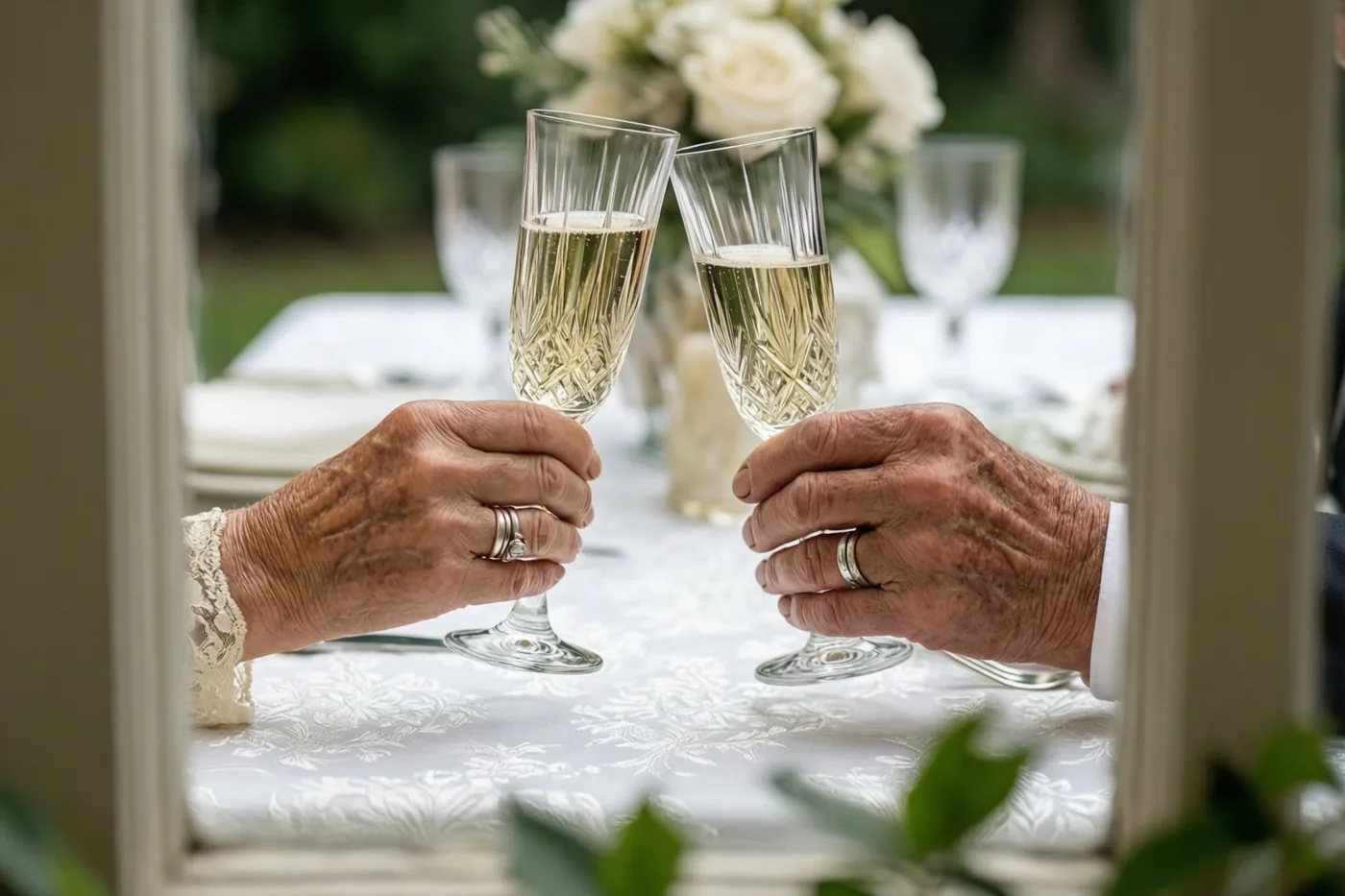 Door een raam zijn twee oudere handen met trouwringen te zien die met kristallen champagneglazen klinken boven een wit damasten tafelkleed, met groen op de voorgrond.