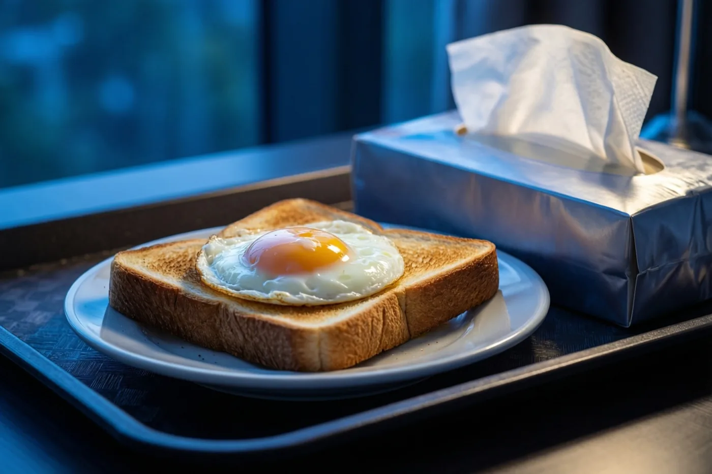 Een toast met een spiegelei ligt op een wit bord op een donker dienblad naast een zilverkleurige doos zakdoekjes in koel blauw licht.