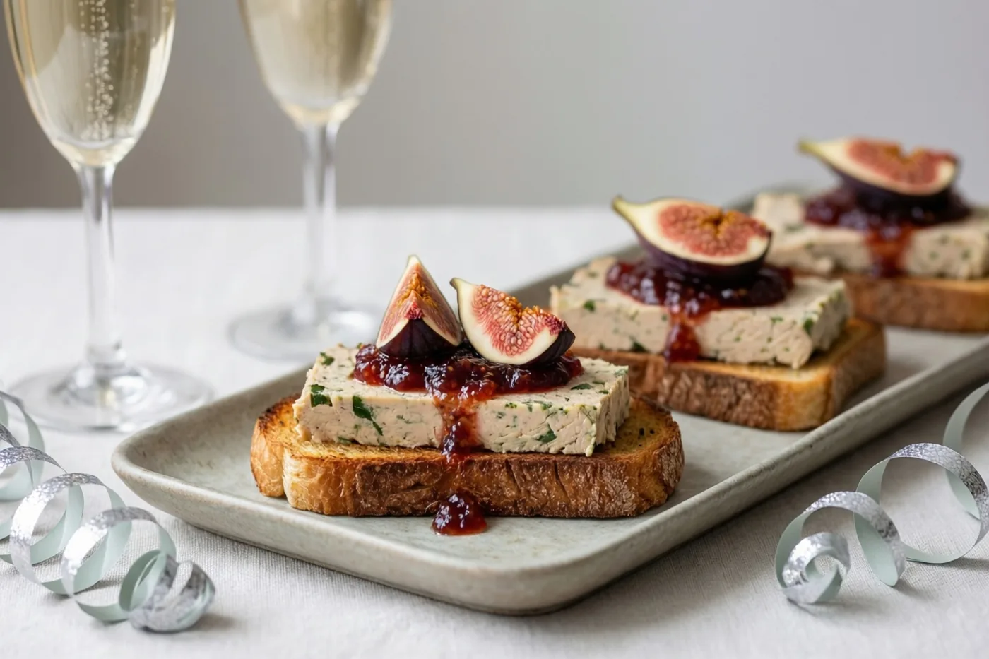 Krokante toastjes met foie gras en vijgenconfituur liggen op een lange schaal op een wit tafelkleed naast champagneglazen en zilveren krulslingers.
