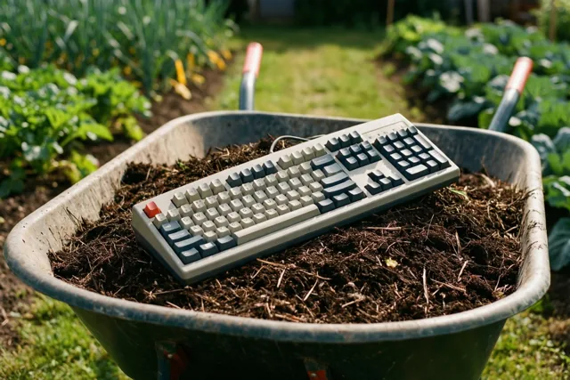 Een computertoetsenbord ligt in een kruiwagen vol donkere compost in een weelderige, zonnige moestuin.