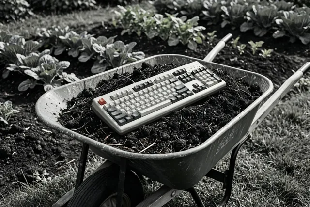 Op een zwart-witfoto ligt een computertoetsenbord in een kruiwagen vol donkere compost tussen rijen bladplanten in een moestuin.