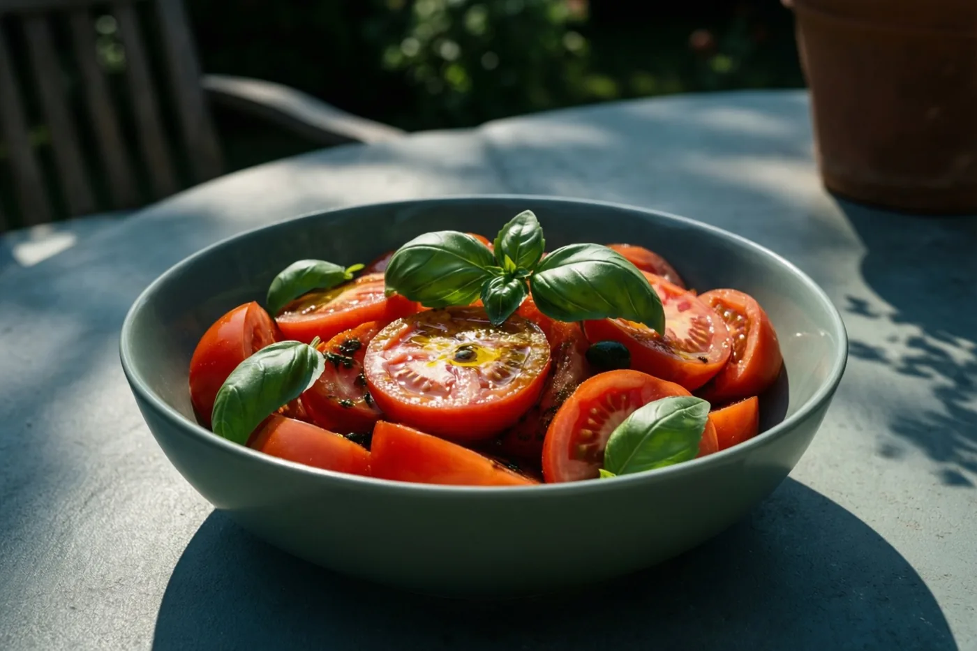 Een kom gesneden rode tomaten met groene basilicumblaadjes en olijfolie staat op een zonnige buitentafel met schaduwen en groen op de achtergrond.
