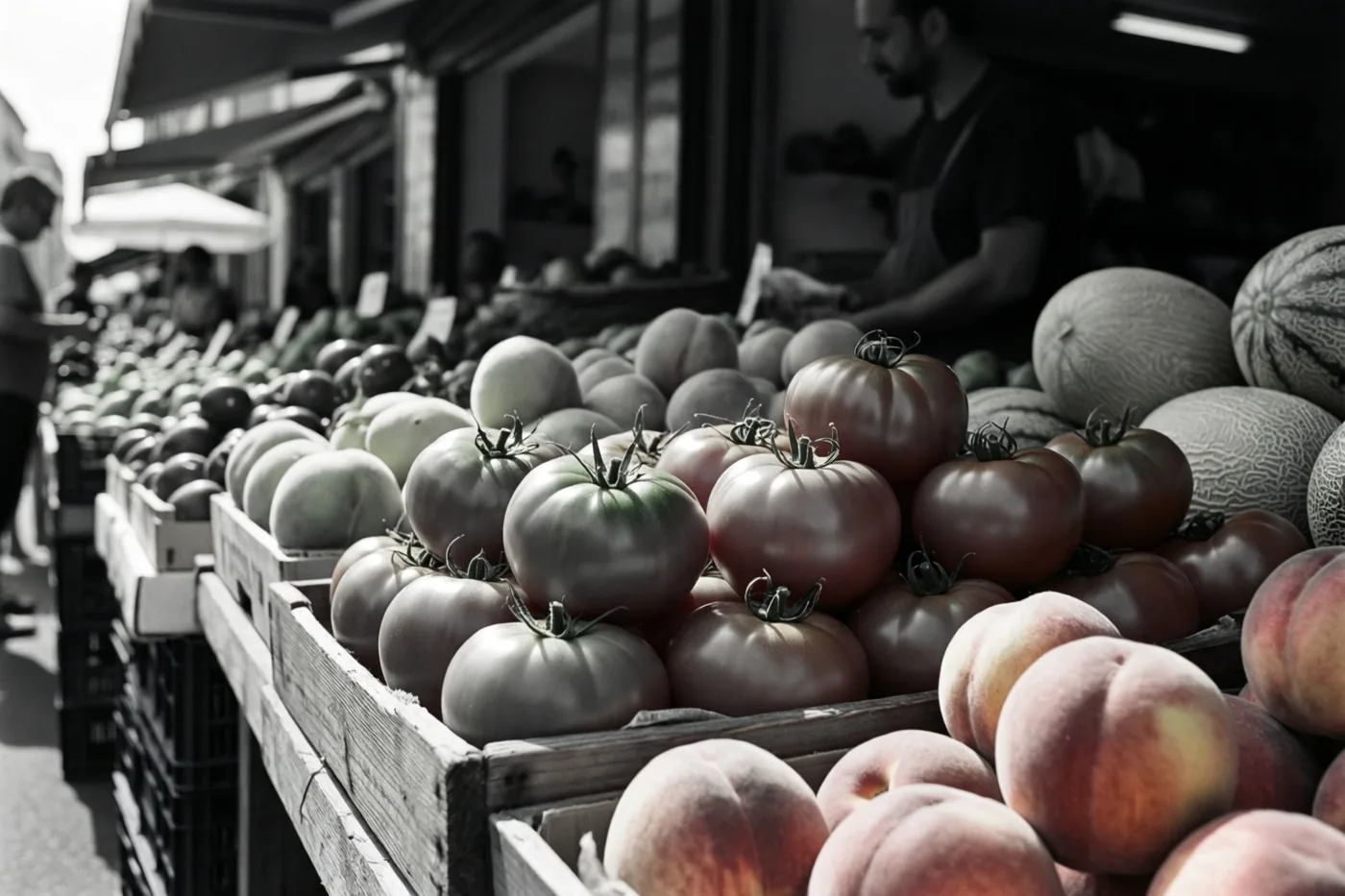 Op een zonnige, drukke buitenmarkt liggen rijpe tomaten, perziken en meloenen uitgestald in een kraam, met een verkoper op de achtergrond.