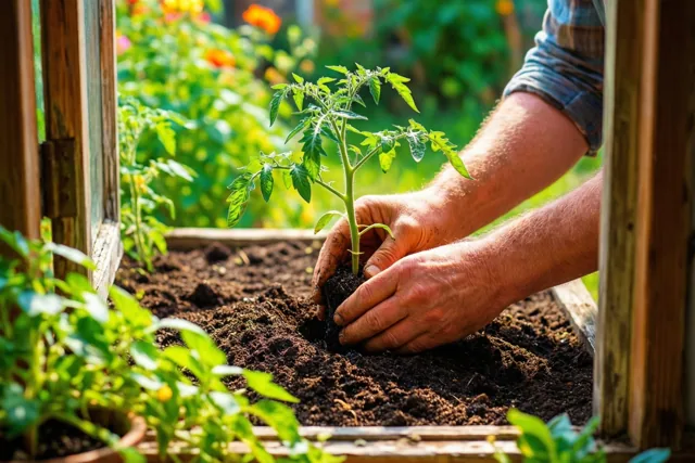 Twee handen planten een klein tomatenplantje in donkere aarde in een tuinbed met een houten rand, met groen en onscherpe bloemen in warm zonlicht.