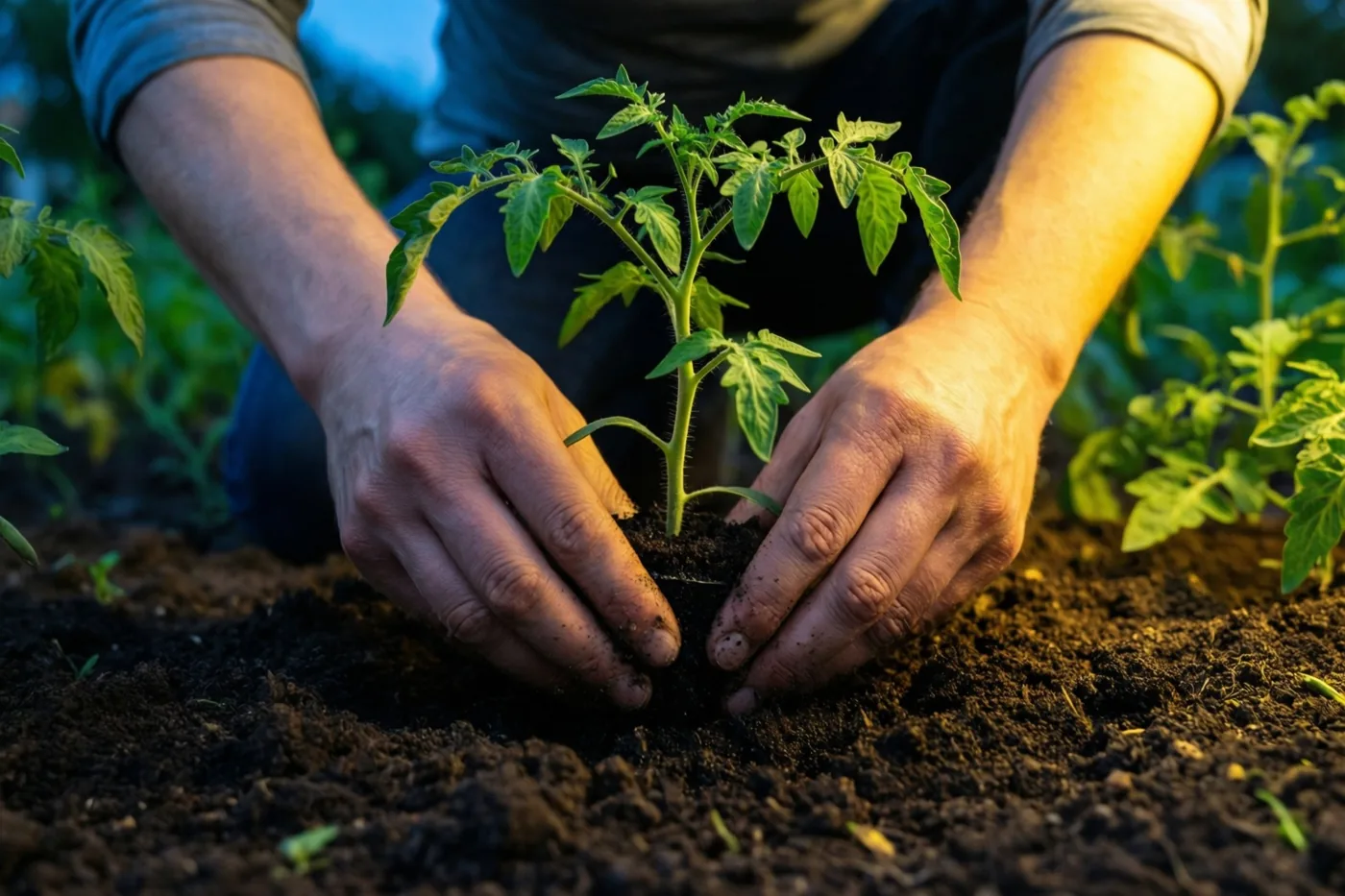 Twee handen planten een klein groen tomatenplantje in rijke, donkere aarde in warm, goudkleurig licht.