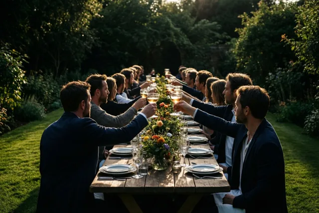 Gasten aan een lange houten tafel in een tuin heffen hun glas in het warme gouden zonlicht dat door de bomen valt.