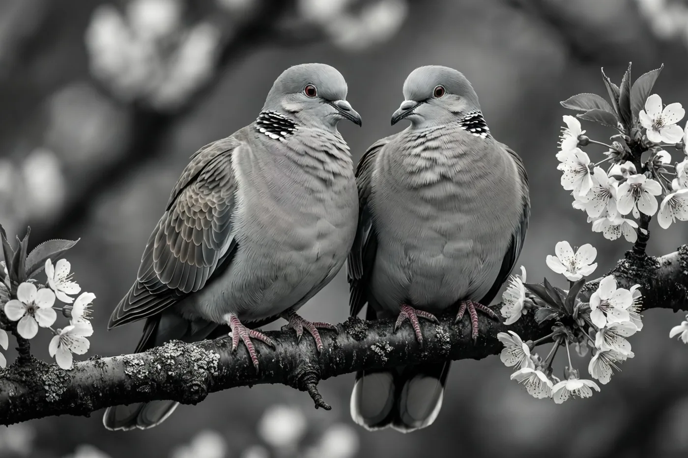 Twee tortelduiven zitten dicht bij elkaar op een tak met witte bloesems in een zwart-witbeeld waarin hun rode ogen opvallen.