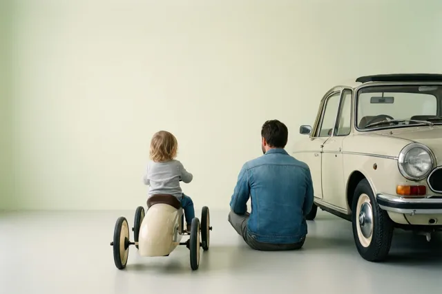 Een kind rijdt in een retrotrapauto terwijl een man naast een echte oldtimer zit, beiden van achteren gezien in een sobere studio met beige, denimblauwe en lichtgrijze tinten.