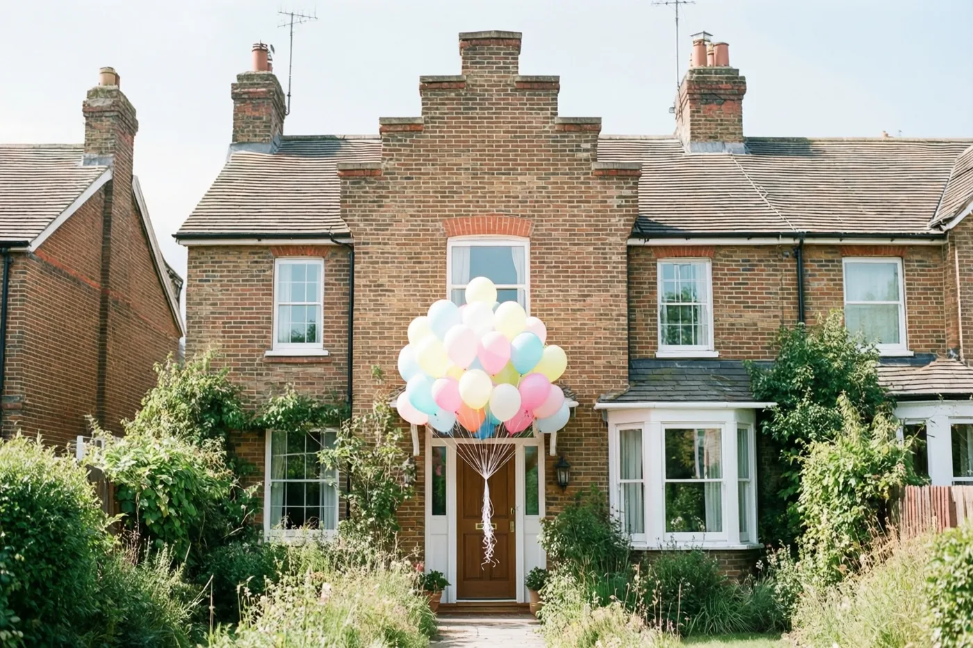 Een bakstenen rijhuis met trapgevel heeft pastelballonnen aan de voordeur en staat bij een zonnige tuin met groen.