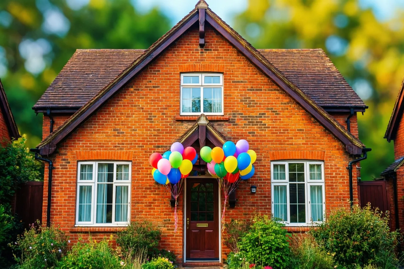 Een rood bakstenen rijhuis met een trapgevel en een houten voordeur is versierd met een tros kleurrijke ballonnen, met groen in de tuin in helder daglicht.