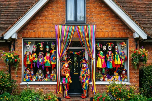 Een bakstenen trapgevelhuis is versierd met kleurrijke narrenkostuums en maskers in de ramen, regenboogslingers en bloemen, met twee verklede figuren aan de deur.
