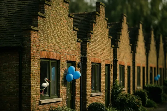 In een rustige, groene woonbuurt staat een rij bakstenen huizen met trapgevels, waarvan één met een ooievaarsfiguur voor het raam en blauwe ballonnen aan de deur.