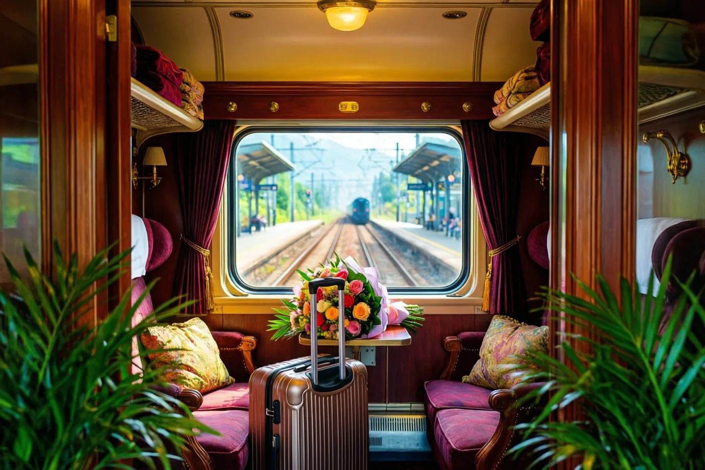 In een elegante treincoupé in bordeauxrode, gouden en groene tinten zijn een koffer en een boeket op een tafeltje te zien, terwijl het perron door het raam in de verte verdwijnt.