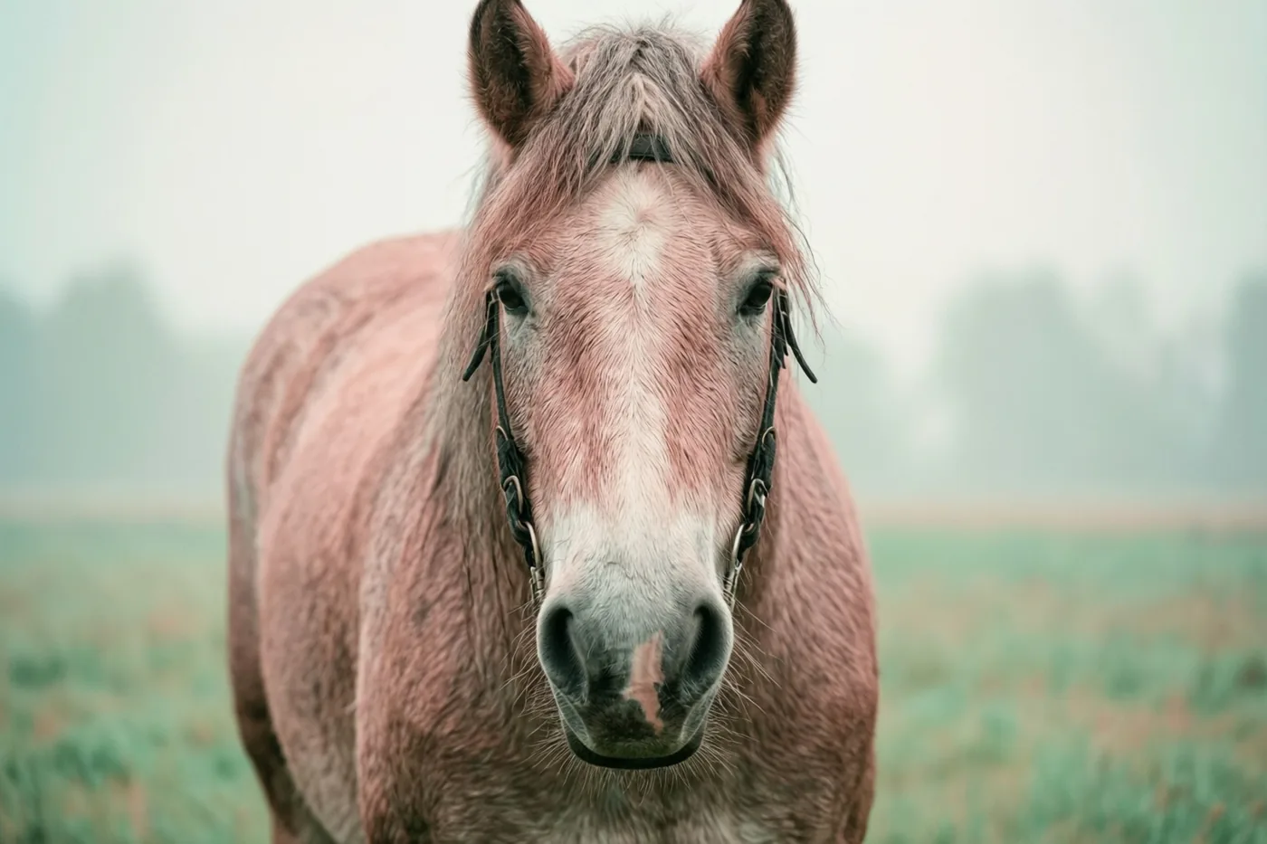 Een trekpaard met een rozige vacht en witte aftekeningen op het hoofd staat van dichtbij in een mistige weide met gedempte groene en grijze tinten.