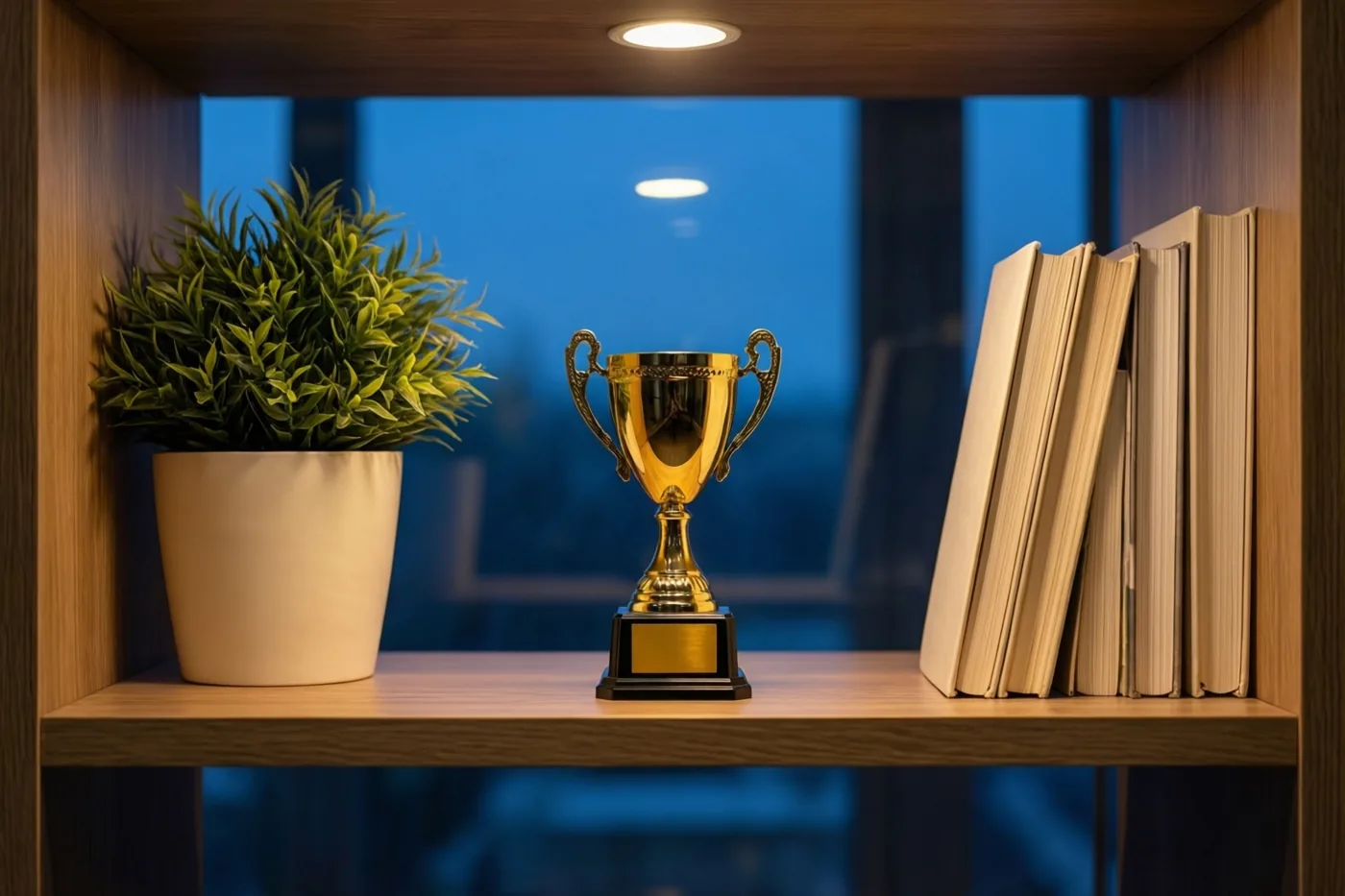 Een kleine gouden trofee staat op een houten plank tussen een groene potplant links en een stapel boeken rechts, met warm licht en een wazige blauwe achtergrond.