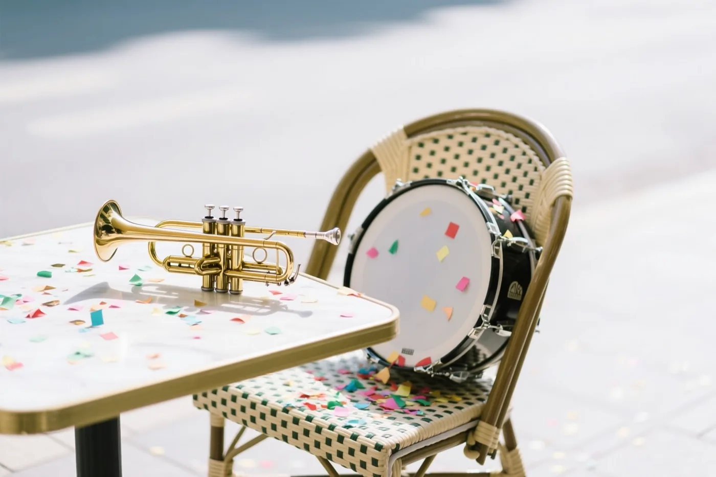 Een gouden trompet en een kleine trommel liggen onder kleurrijke confetti op een rieten caféstoel buiten in fel zonlicht, tegen een onscherpe achtergrond.