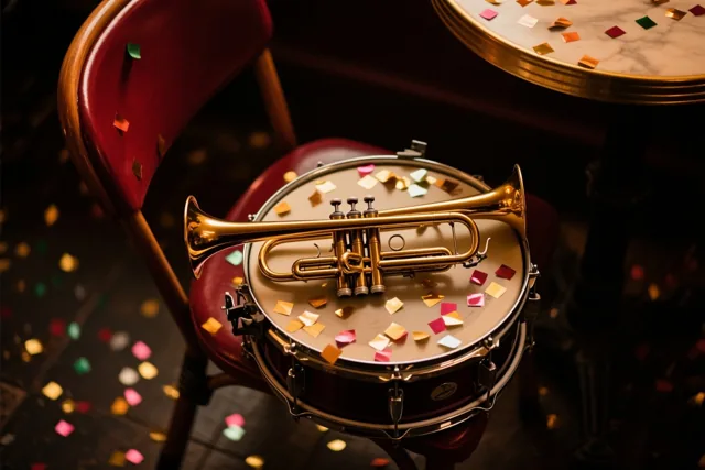 Een gouden trompet ligt op een kleine trom onder kleurrijke confetti op een rode caféstoel, met confetti op de vloer en een marmeren tafel in de schemerige achtergrond.