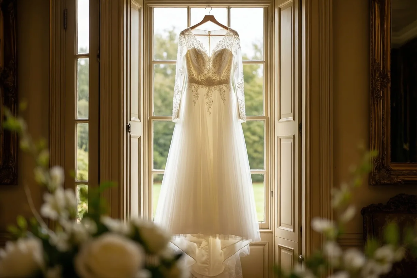 Een witte trouwjurk met kant hangt aan een houten kleerhanger voor een hoog raam in een rijk versierde kamer met bloemstukken op de voorgrond.