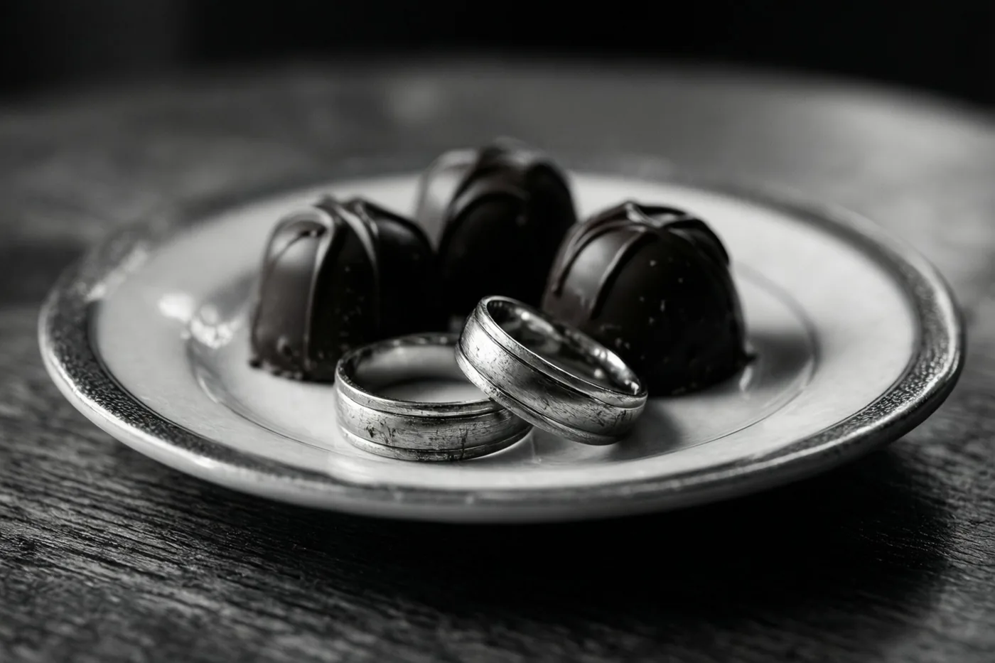 Twee trouwringen met slijtsporen liggen naast donkere chocoladetruffels op een klein bord op een donker houten oppervlak, met een onscherpe achtergrond.