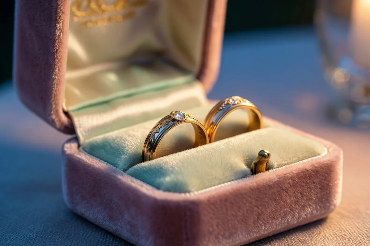 Twee gouden trouwringen liggen in een open fluwelen ringendoosje op een ondergrond met structuur, met een wazige achtergrond en zacht warm licht.