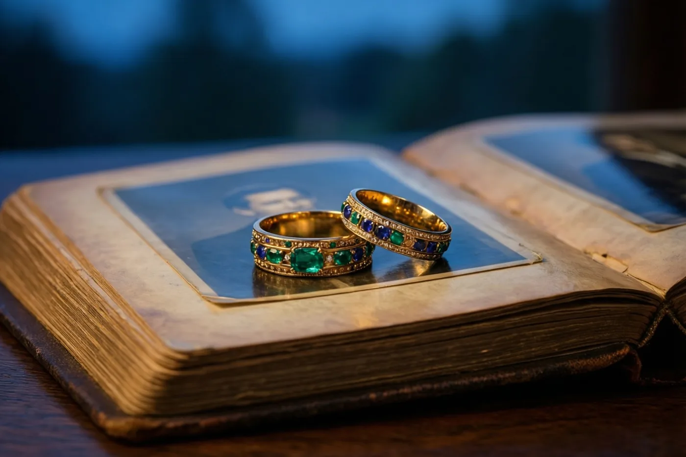 Twee sierlijke gouden trouwringen met groene en blauwe edelstenen liggen op de open bladzijden van een oud fotoalbum tegen een onscherpe blauwe achtergrond.