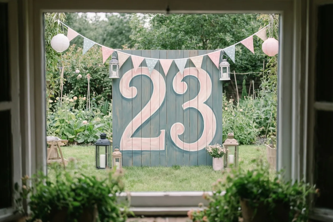 Door een raam is een tuin te zien met een groot houten bord met 23, pastelkleurige vlaggetjes en papieren lantaarns tussen het groen.
