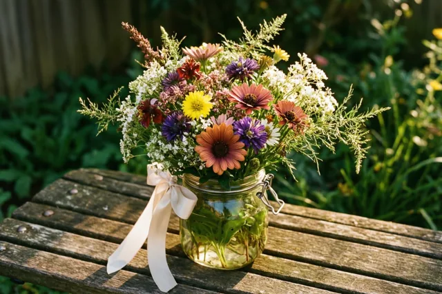 Een glazen pot met kleurrijke tuinbloemen en groen staat met een crèmekleurig lint op een verweerde houten tuinbank in warm zonlicht, tegen een wazige groene tuinachtergrond.