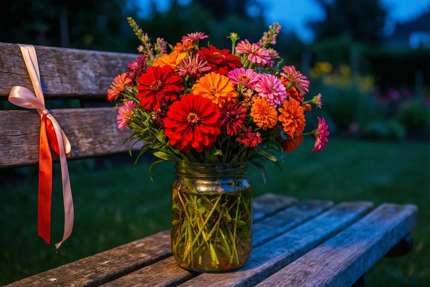 Een glazen pot met rode, oranje en roze tuinbloemen staat op een verweerde houten tuinbank met een lint aan de rugleuning, tegen een blauwe tuinachtergrond bij schemering.