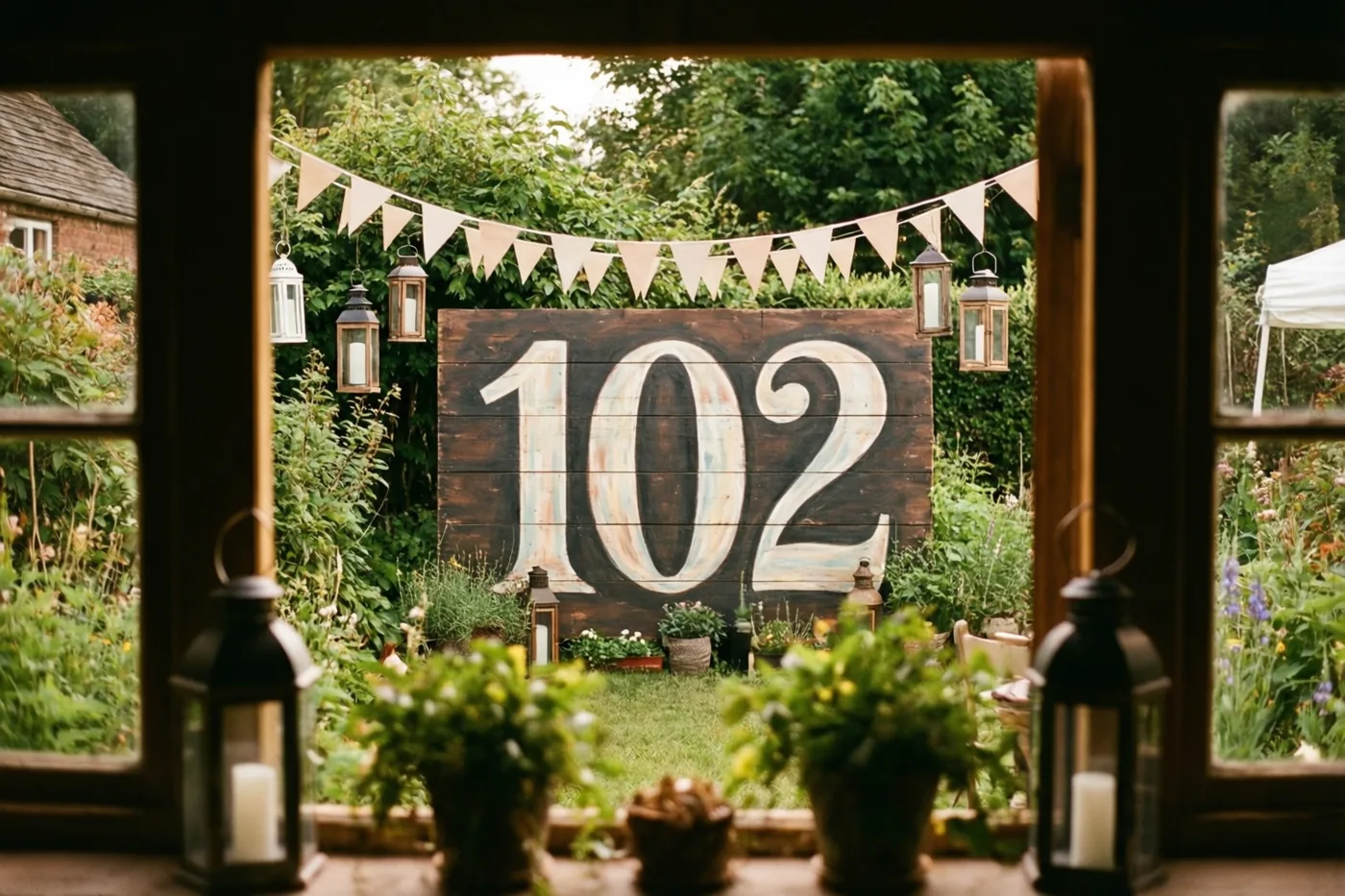 Door een raam met potplanten en lantaarns op de vensterbank zie je een groene tuin met een houten bord met 102, vlaggetjes en hangende lantaarns.