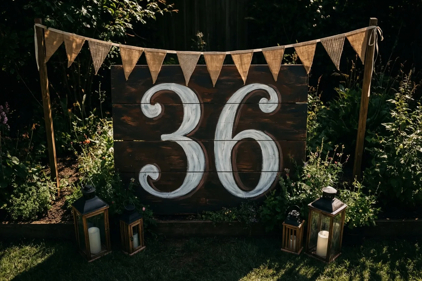 Een groot houten bord met een witte 36 staat in een zonnige groene tuin tussen juten vlaggetjes en decoratieve lantaarns.