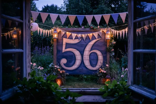Door een open raam is bij schemerlicht een tuin te zien met een groot houten bord met 56, vlaggetjes, lantaarns en groen.