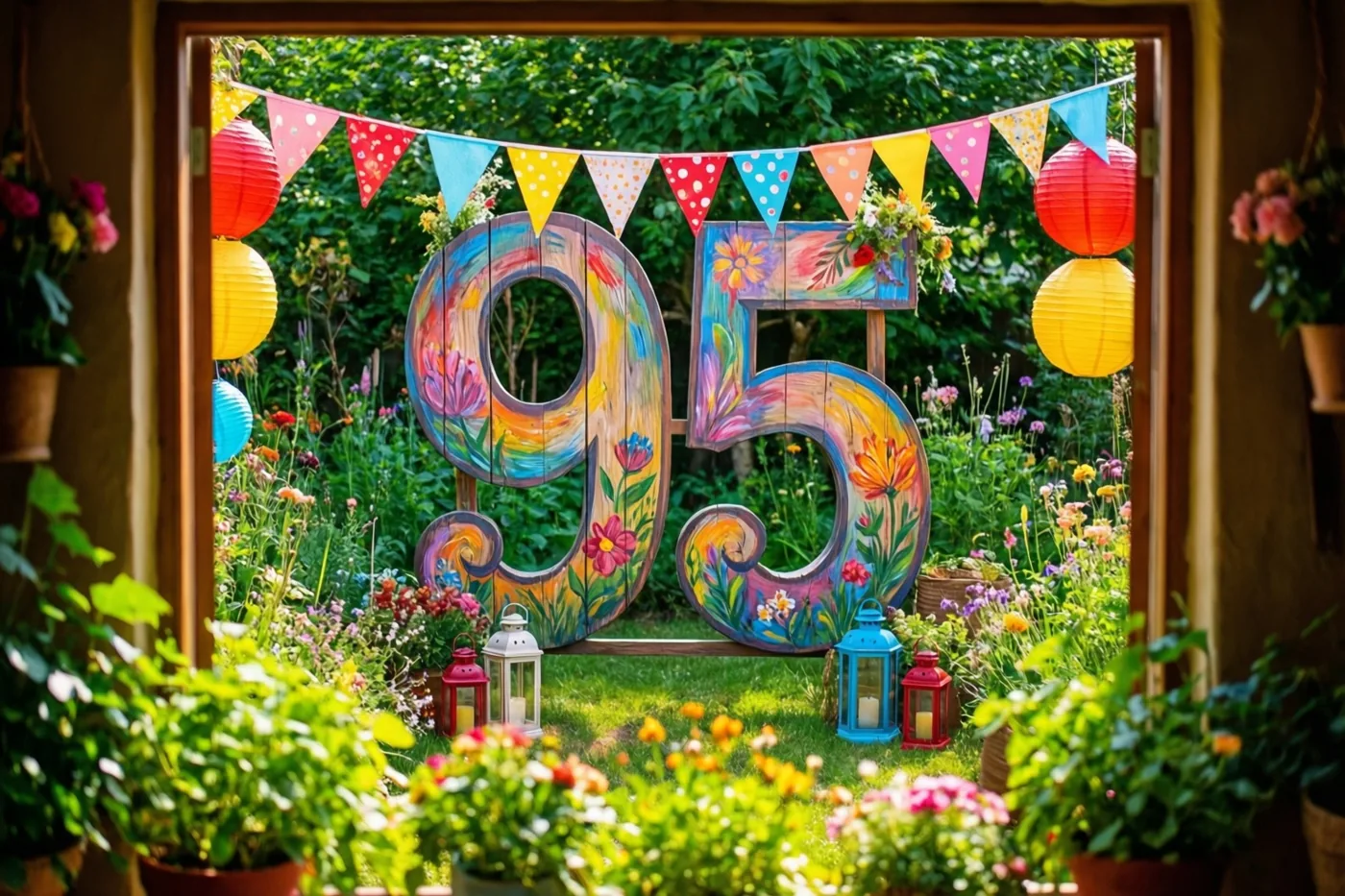 Door een raam met een houten kader is een tuinfeest te zien met een groot beschilderd houten bord met 95, kleurrijke vlaggetjes, papieren lampions en bloemen in potten.