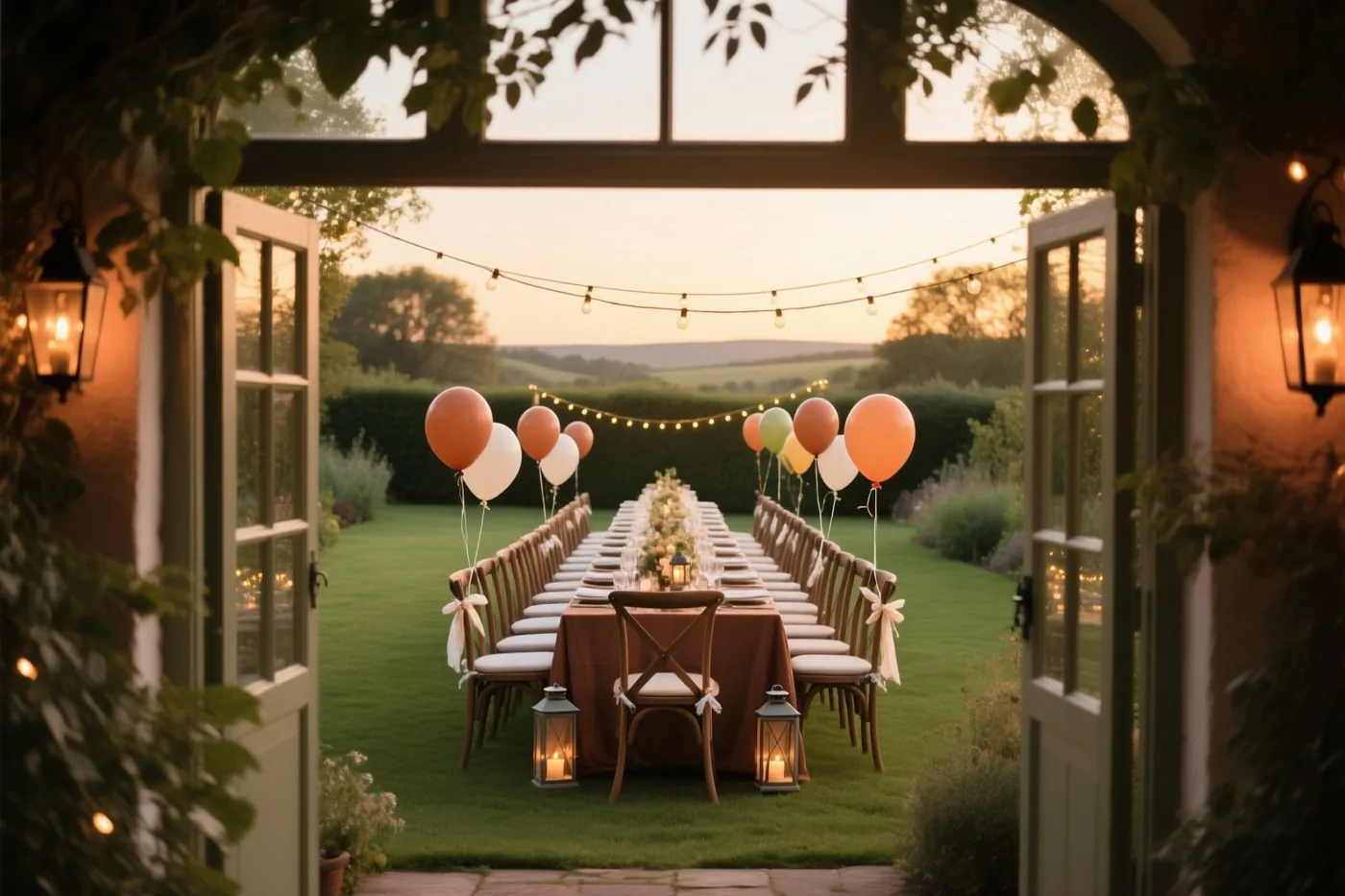Door een open deuropening is een lange feesttafel in een tuin te zien, met lichtslingers, ballonnen aan de stoelen en lantaarns.
