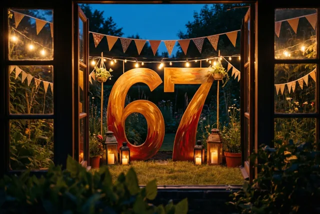 Door een open raam is een tuinfeest te zien met een groot beschilderd houten getal 67, lichtslingers, vlaggetjes en lampionnen in de schemering.