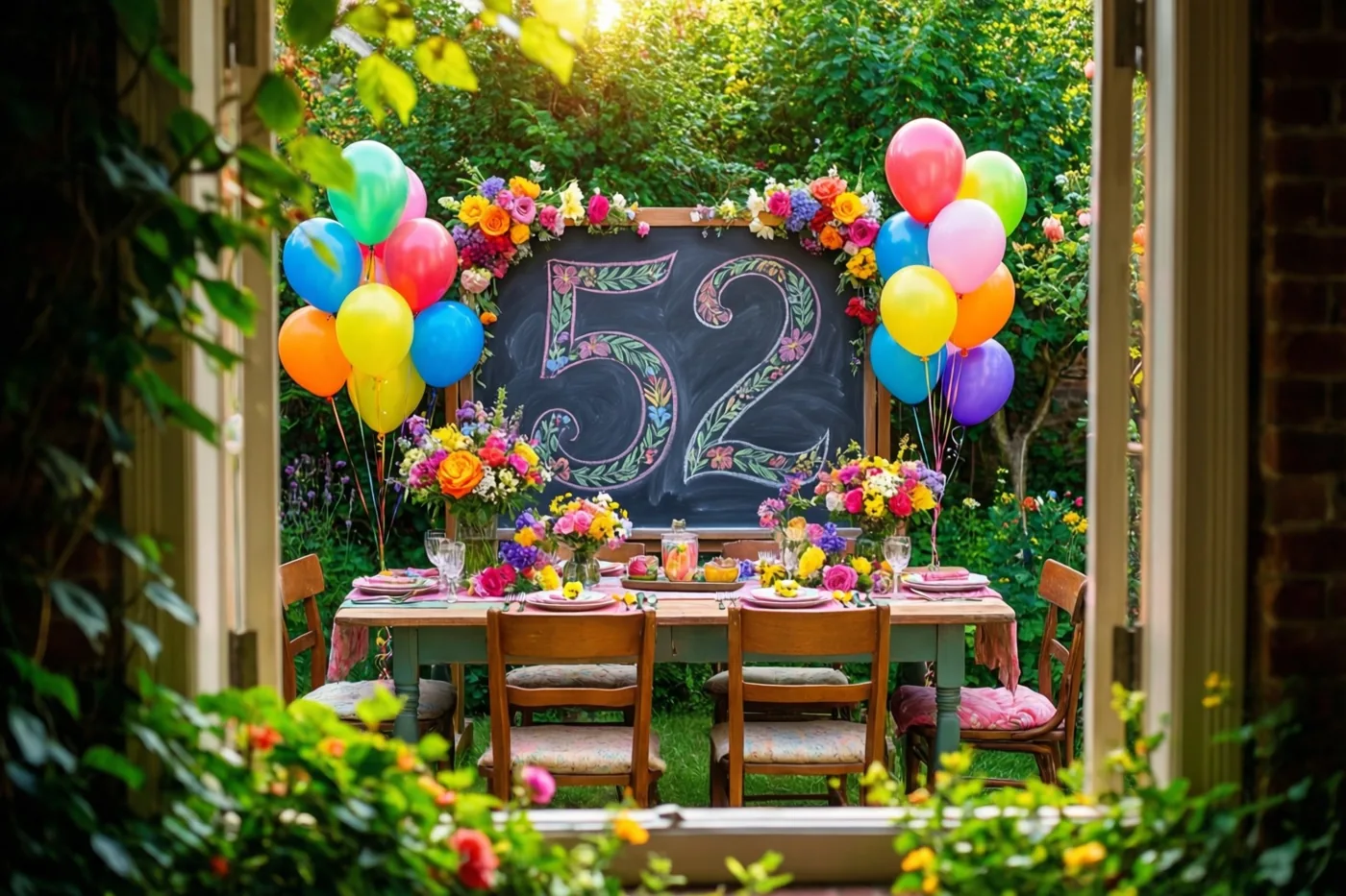 Door een raamkozijn is een feestelijk gedekte tuintafel met een krijtbord met 52 te zien, omringd door groen, bloemen en gekleurde ballonnen.