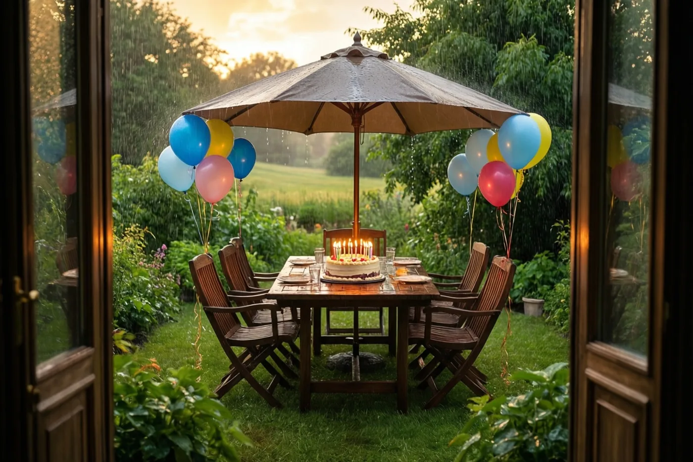 Door een open deuropening is een houten tuintafel onder een parasol te zien, met een taart met brandende kaarsjes, kleurrijke ballonnen en zonsonderganglicht door de zomerregen.