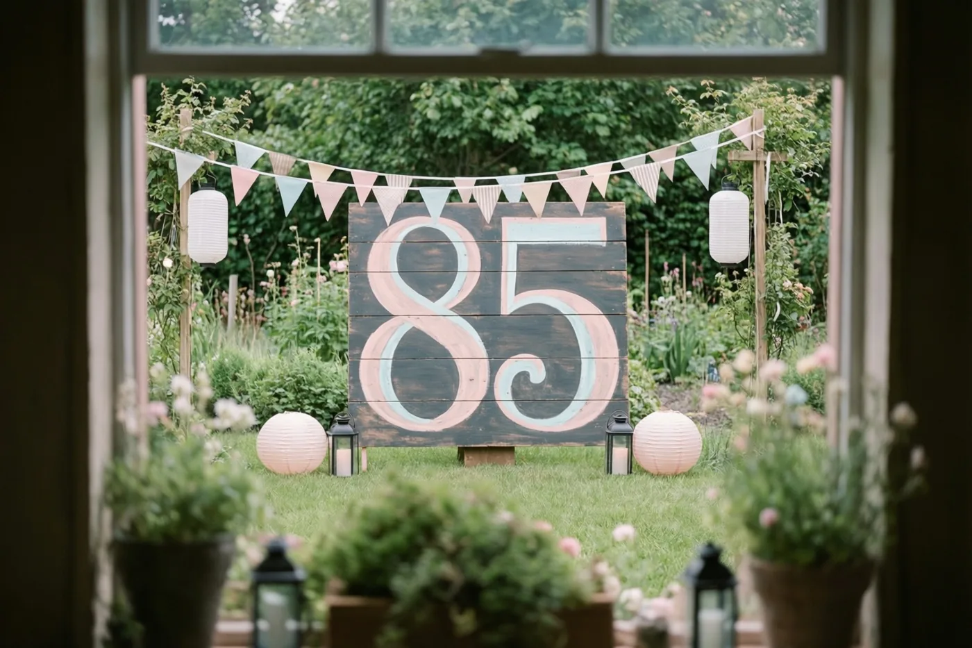 Door een raam is een groene tuin te zien met een groot houten bord met 85, vlaggenlijnen en lantaarns in zachte pasteltinten.