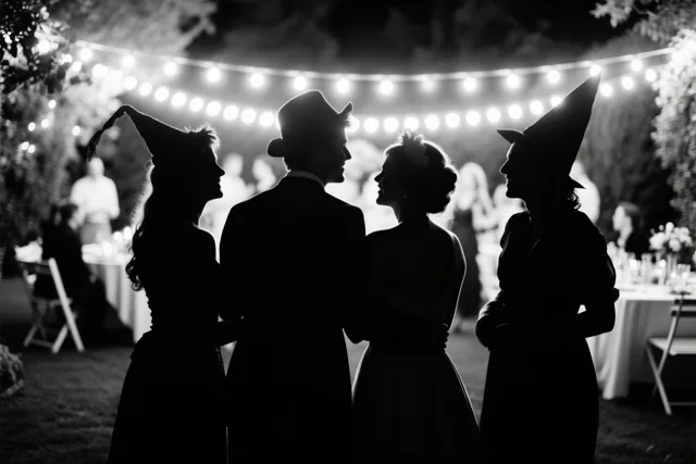 Een zwart-witfoto toont vanop afstand de silhouetten van vier vrienden in halloweenkostuums op een tuinfeest onder lichtslingers.