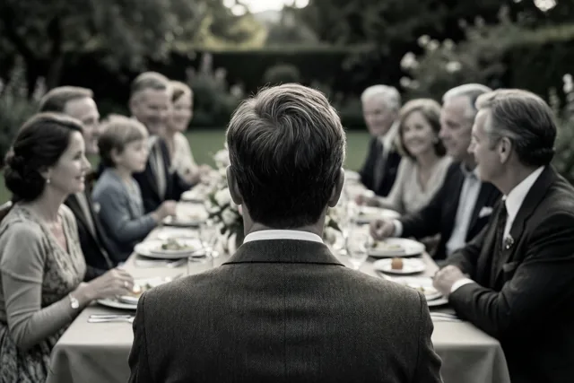 Een groep mensen zit rond een lange tafel in een tuin, gezien van achter een persoon in het midden en weergegeven in gedempte sepiatinten.