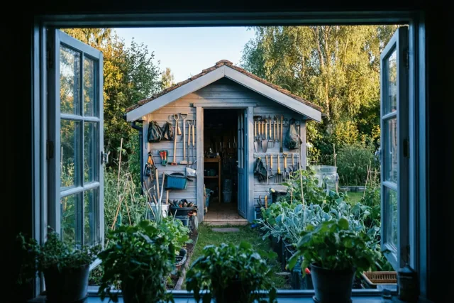 Door een open raam is een houten tuinhuis met hangend gereedschap te zien tussen groene planten in warm goudkleurig licht.