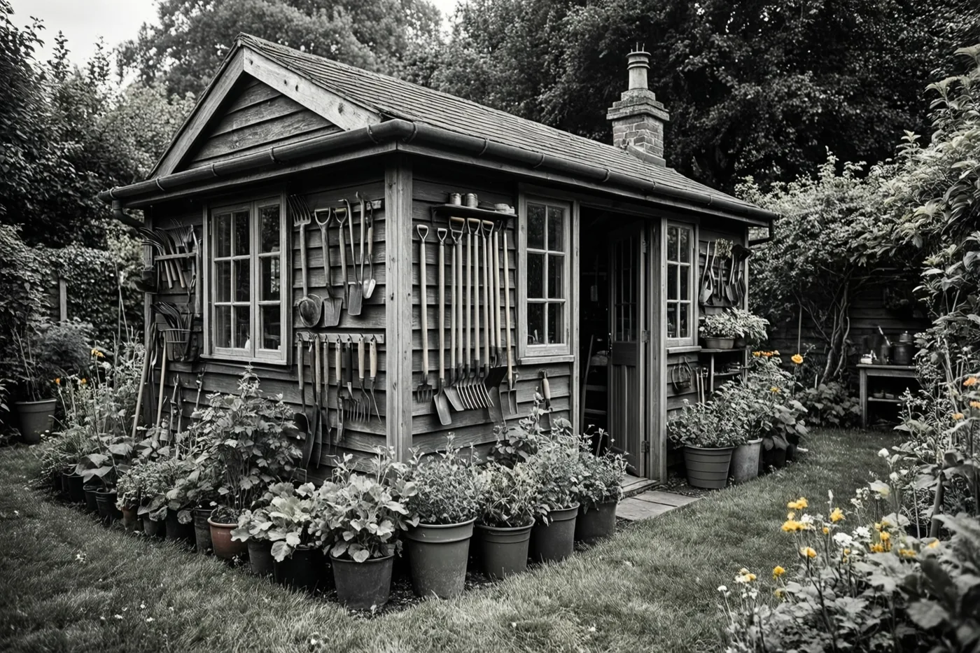 Een houten tuinhuis met netjes opgehangen gereedschap staat tussen potplanten op het gras, in zwart-wit met geel gekleurde bloemen.