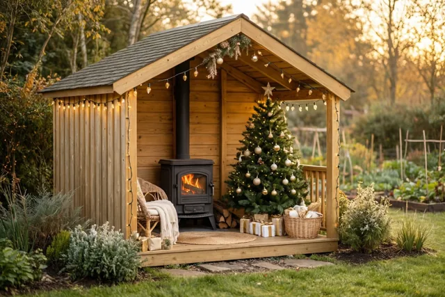 Een houten tuinhuis met een brandende houtkachel, lichtslingers en een klein versierd boompje op een verhoogd houten platform staat tussen het groen in goudkleurig licht.