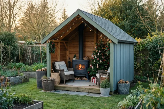 Een tuinhuis met een brandende houtkachel, lichtslingers langs de dakrand en een klein versierd boompje staat in een tuin met groen gras en planten in zacht warm licht.