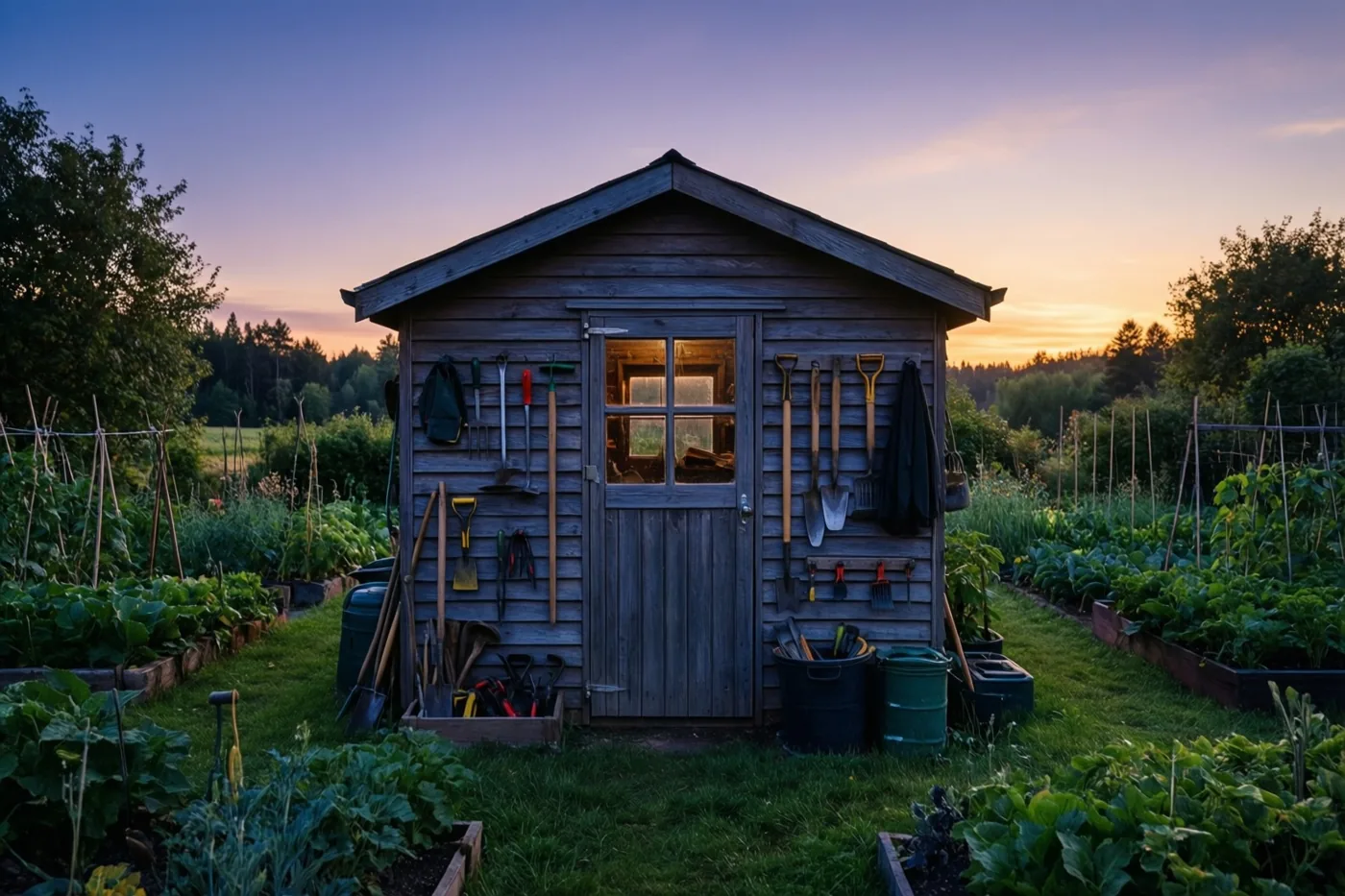 Een houten tuinhuis met gereedschap aan de wanden staat tussen weelderige groentebedden bij zonsondergang onder een paarse hemel.