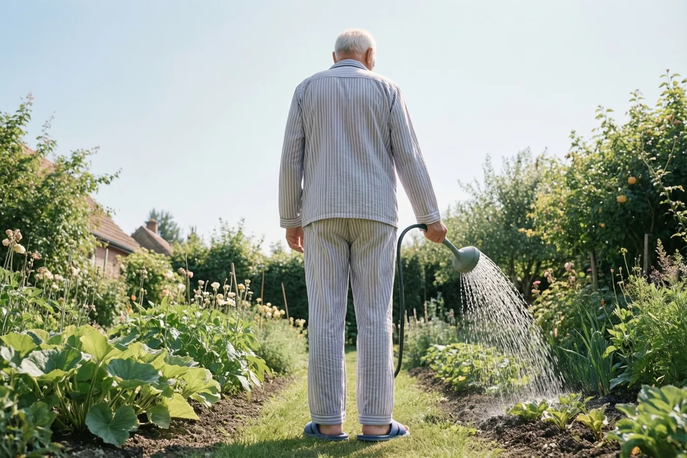 Een oudere man in gestreepte pyjama en pantoffels geeft van achteren gezien planten water in een groene tuin onder een heldere blauwe lucht.