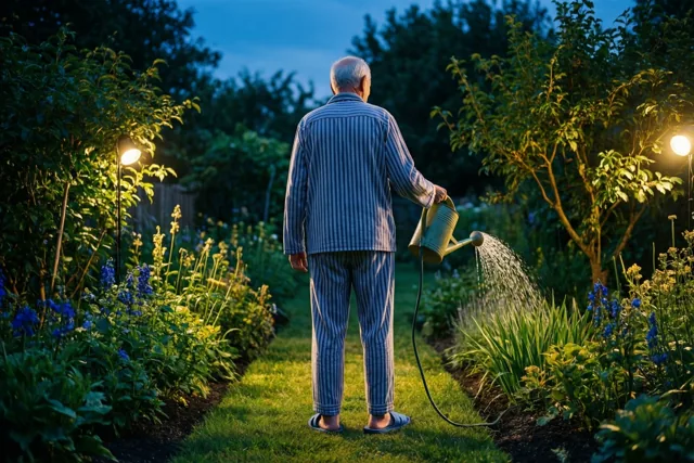 Een oudere man in gestreepte pyjama en pantoffels geeft van achteren gezien planten water bij schemering, met warme tuinverlichting onder een donker wordende blauwe lucht.