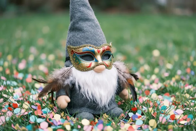 Een tuinkabouter met een kleurrijk carnavalsmasker en een verenboa zit in helder verlicht gras vol veelkleurige confetti tegen een onscherpe achtergrond.